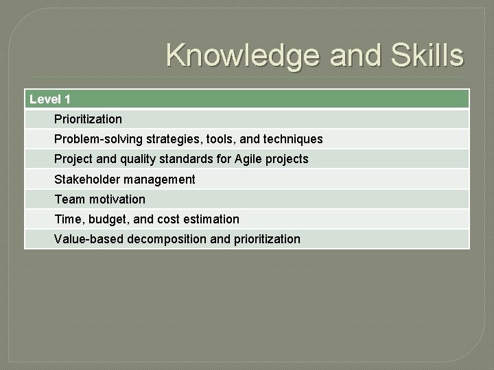 Knowledge and Skills Level 1 Prioritization Problem-solving strategies, tools, and techniques Project and quality