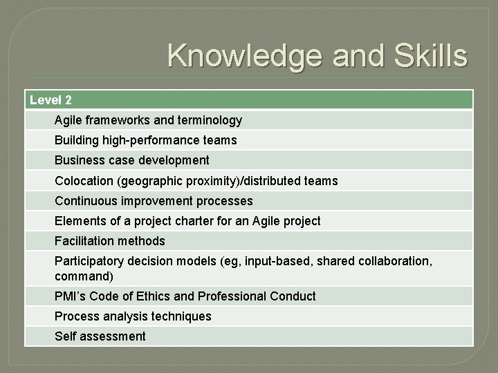 Knowledge and Skills Level 2 Agile frameworks and terminology Building high-performance teams Business case