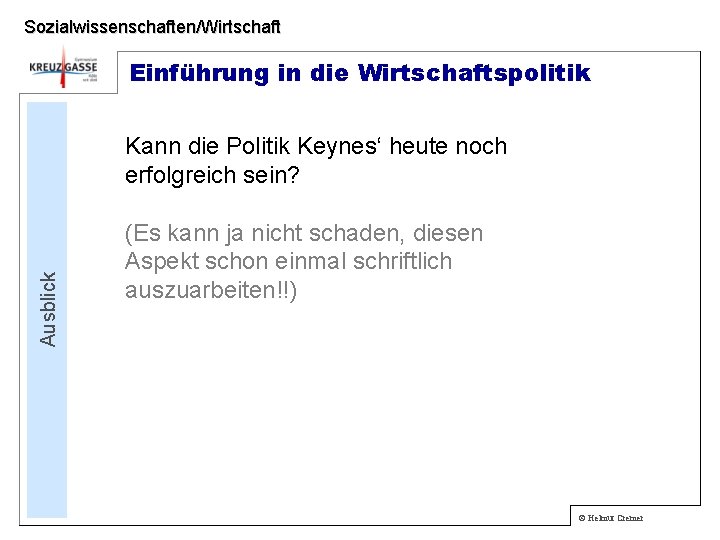 Sozialwissenschaften/Wirtschaft Einführung in die Wirtschaftspolitik Ausblick Kann die Politik Keynes‘ heute noch erfolgreich sein?