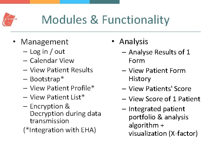 Modules & Functionality • Management – Log in / out – Calendar View –