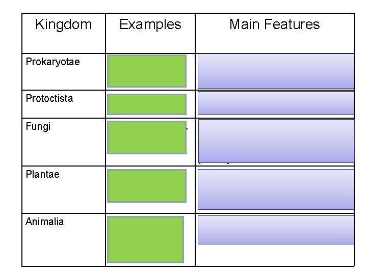 Kingdom Examples Main Features Prokaryotae bacteria Single cell no nucleus peptidoglycan cell wall Less