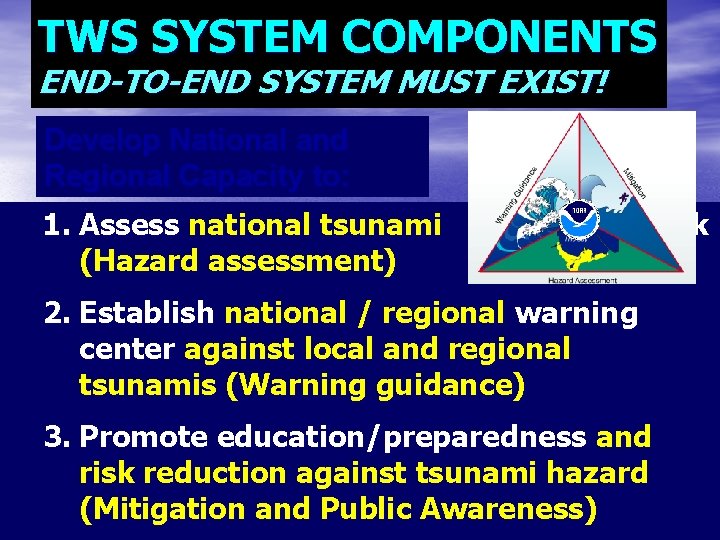 TWS SYSTEM COMPONENTS END-TO-END SYSTEM MUST EXIST! Develop National and Regional Capacity to: 1.