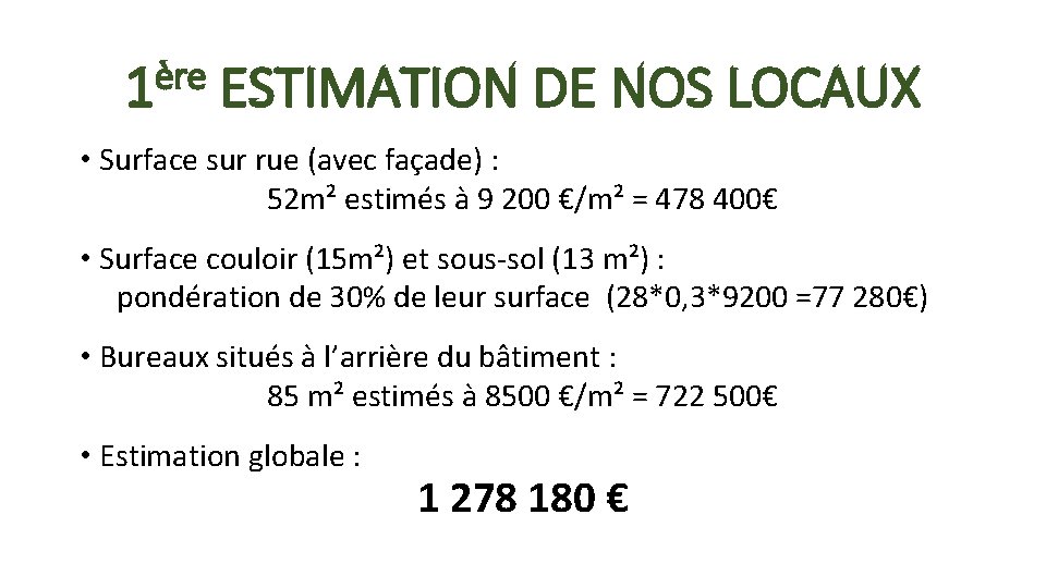 ère 1 ESTIMATION DE NOS LOCAUX • Surface sur rue (avec façade) : 52