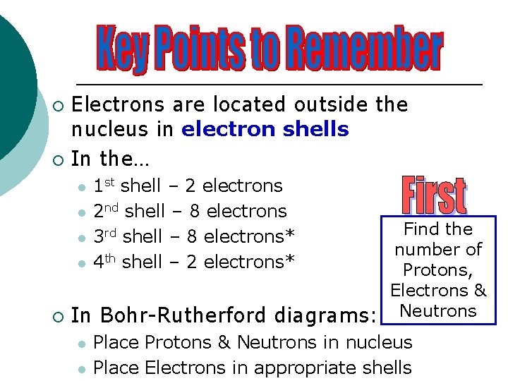 Electrons are located outside the nucleus in electron shells ¡ In the… ¡ l