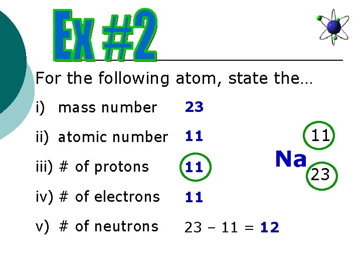 For the following atom, state the… i) mass number 23 ii) atomic number 11