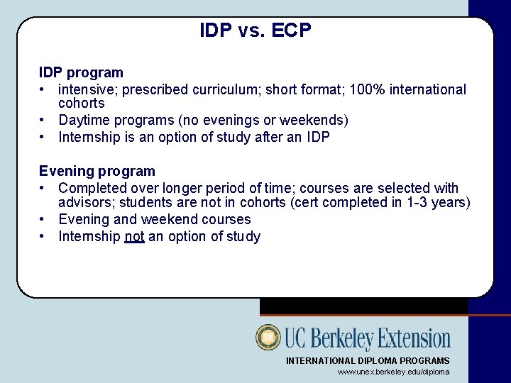 IDP vs. ECP IDP program • intensive; prescribed curriculum; short format; 100% international cohorts