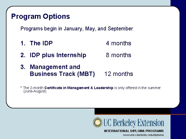 Program Options Programs begin in January, May, and September 1. The IDP 4 months