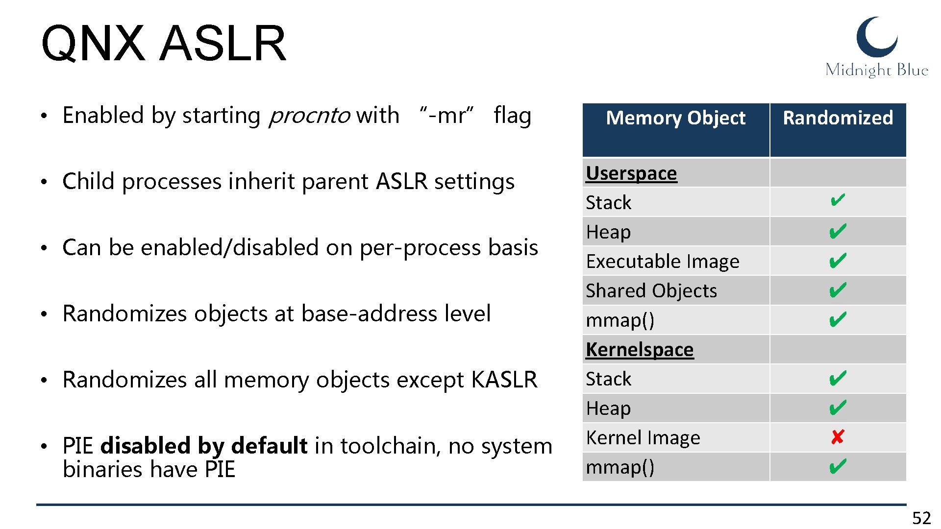 QNX ASLR • Enabled by starting procnto with “-mr” flag • Child processes inherit