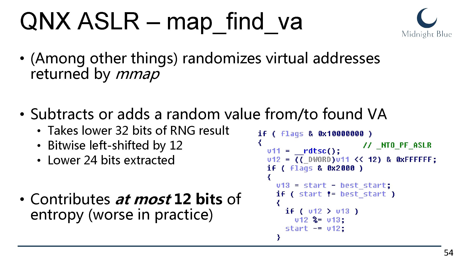 QNX ASLR – map_find_va • (Among other things) randomizes virtual addresses returned by mmap
