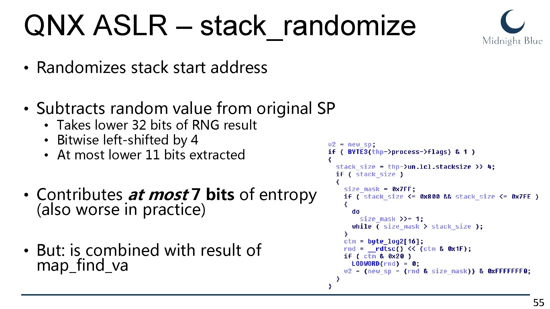 QNX ASLR – stack_randomize • Randomizes stack start address • Subtracts random value from