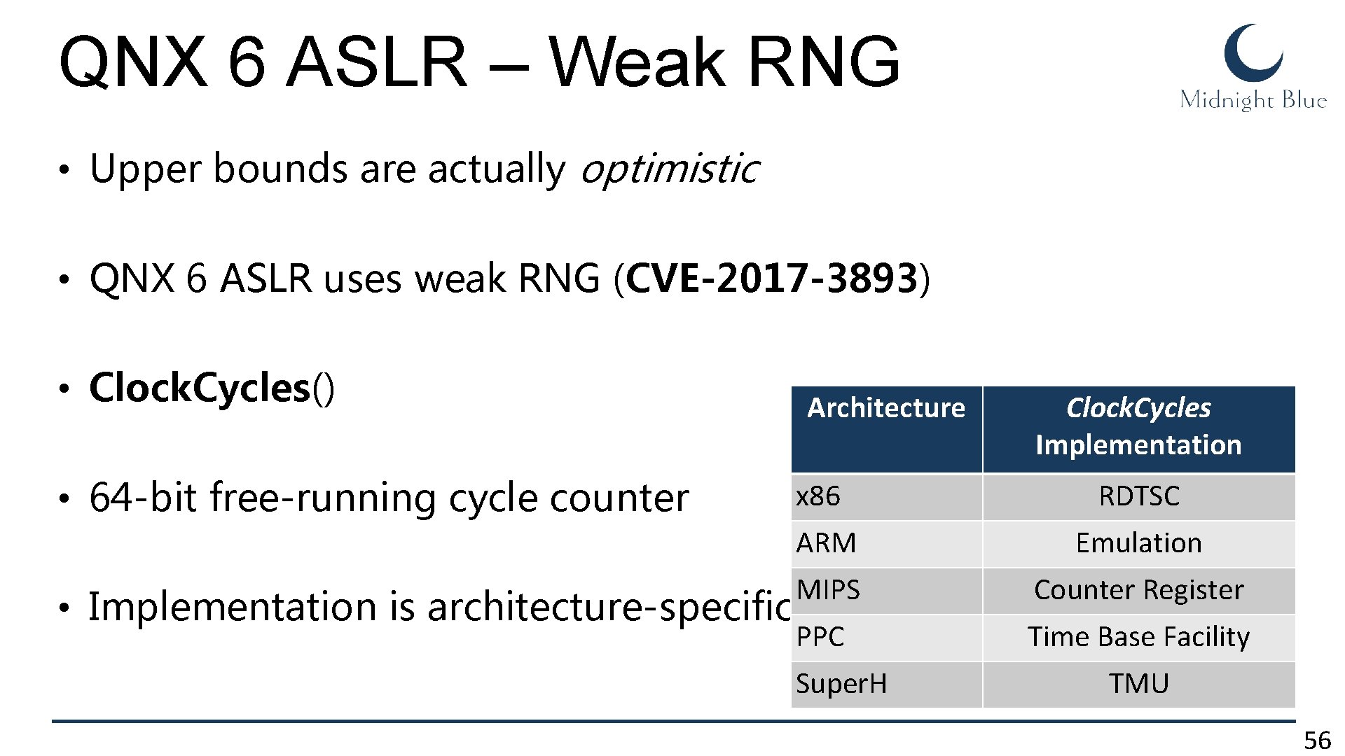 QNX 6 ASLR – Weak RNG • Upper bounds are actually optimistic • QNX