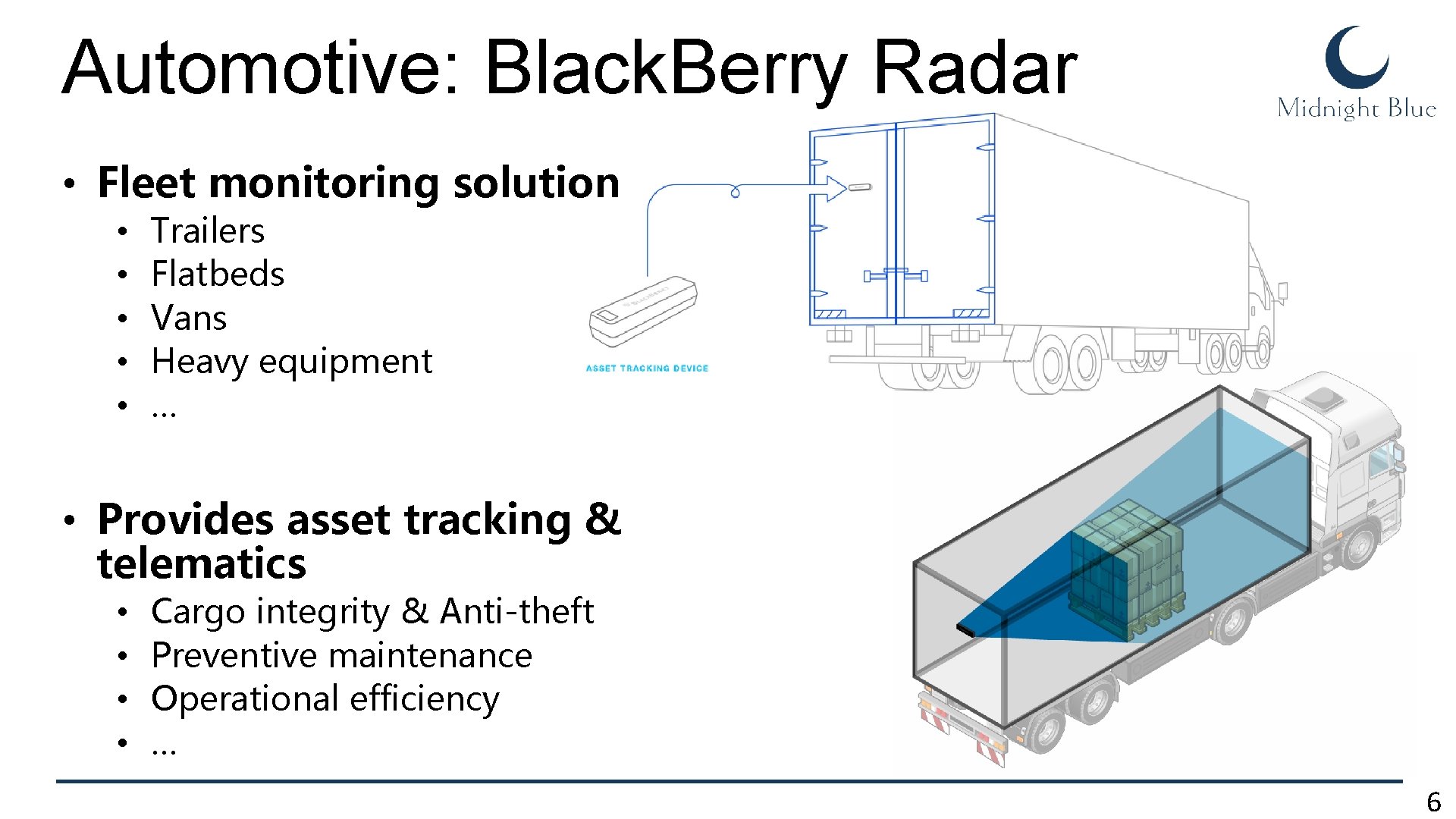 Automotive: Black. Berry Radar • Fleet monitoring solution • • • Trailers Flatbeds Vans