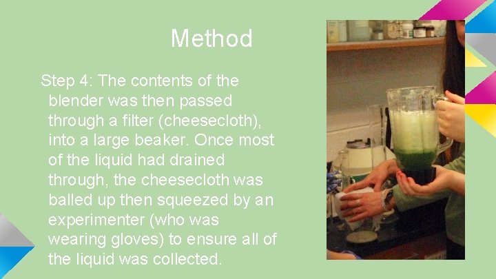 Method Step 4: The contents of the blender was then passed through a filter