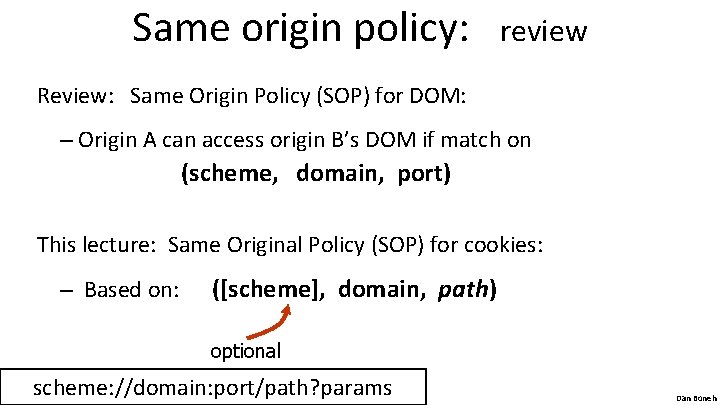 Same origin policy: review Review: Same Origin Policy (SOP) for DOM: – Origin A