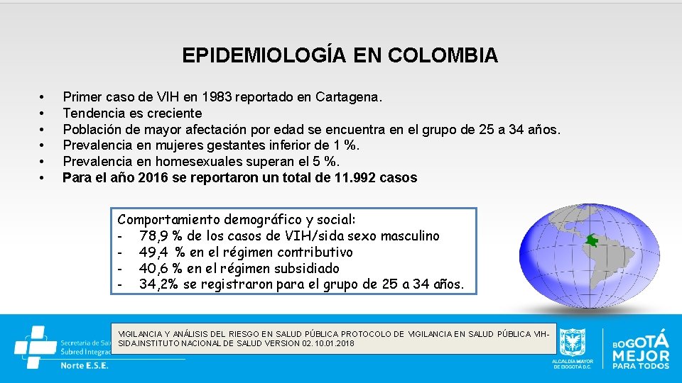 EPIDEMIOLOGÍA EN COLOMBIA • • • Primer caso de VIH en 1983 reportado en