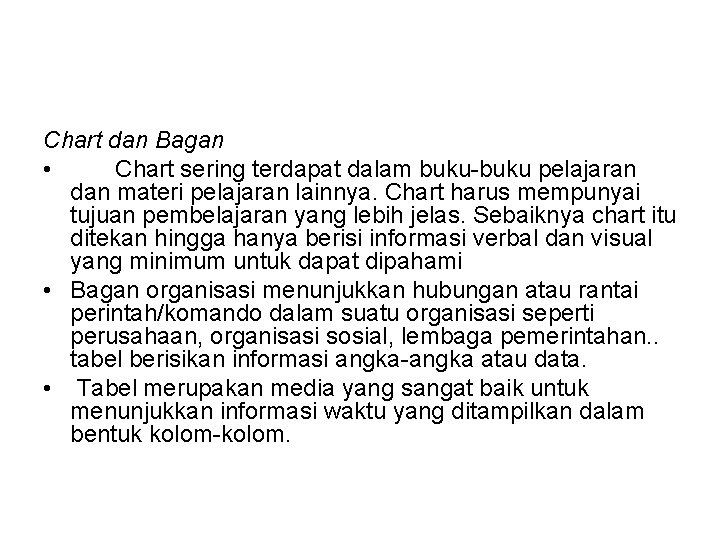 Chart dan Bagan • Chart sering terdapat dalam buku-buku pelajaran dan materi pelajaran lainnya.