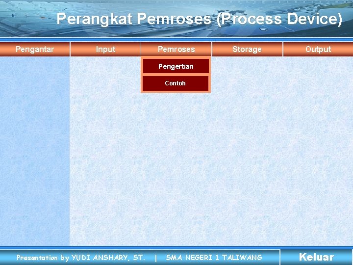 Perangkat Pemroses (Process Device) Pengantar Input Pemroses Storage Output Pengertian Contoh Presentation by YUDI