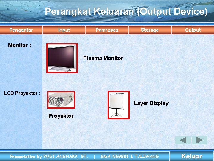 Perangkat Keluaran (Output Device) Pengantar Input Pemroses Storage Output Monitor : Plasma Monitor LCD