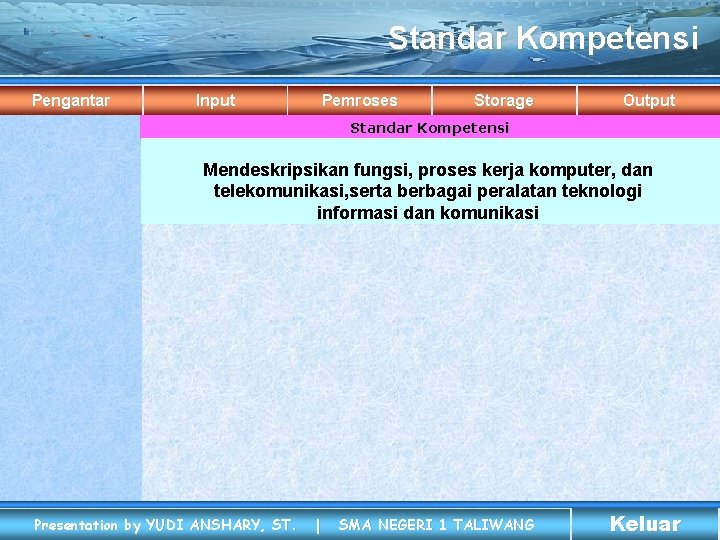 Standar Kompetensi Pengantar Input Pemroses Storage Output Standar Kompetensi Mendeskripsikan fungsi, proses kerja komputer,