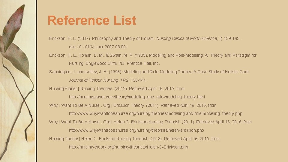 Reference List Erickson, H. L. (2007). Philosophy and Theory of Holism. Nursing Clinics of Reference List Erickson, H. L. (2007). Philosophy and Theory of Holism. Nursing Clinics of