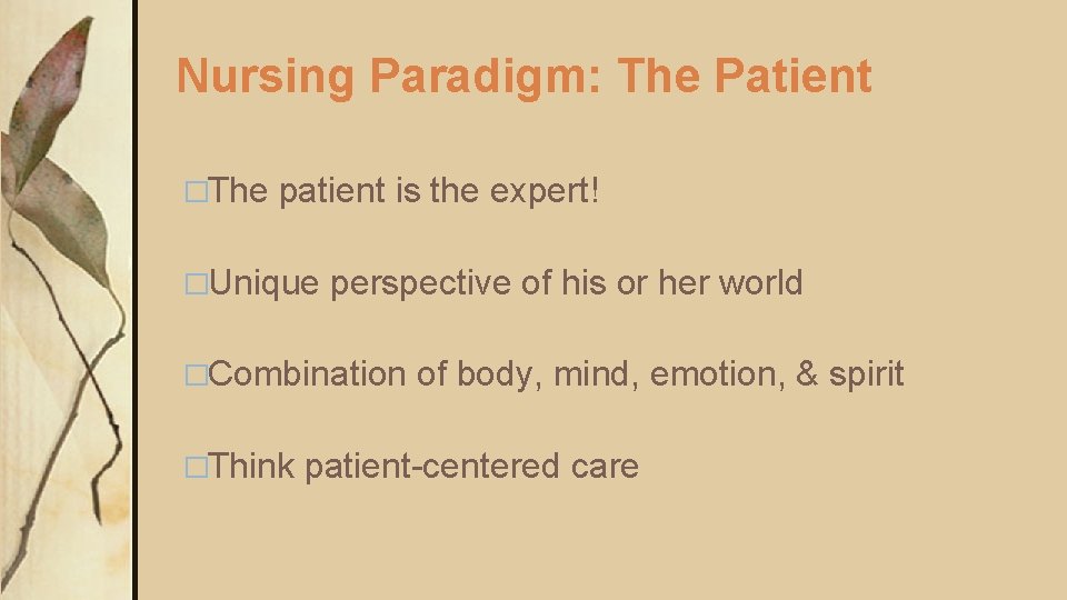 Nursing Paradigm: The Patient �The patient is the expert! �Unique perspective of his or Nursing Paradigm: The Patient �The patient is the expert! �Unique perspective of his or