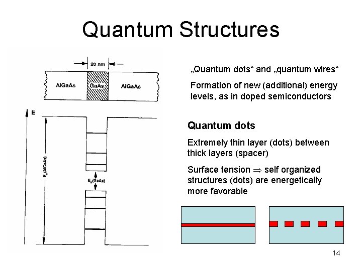 Quantum Structures „Quantum dots“ and „quantum wires“ Formation of new (additional) energy levels, as