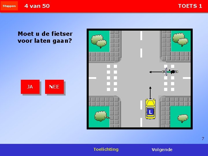 Stoppen 4 van 50 TOETS 1 Moet u de fietser voor laten gaan? JA