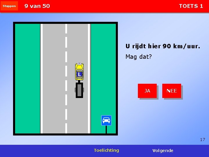 Stoppen 9 van 50 TOETS 1 U rijdt hier 90 km/uur. Mag dat? L