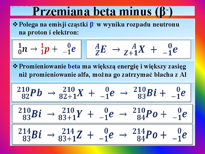 Przemiana beta minus (β-) v. Polega na emisji cząstki β- w wyniku rozpadu neutronu