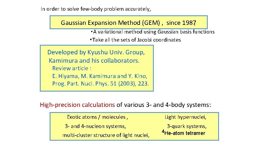 In order to solve few-body problem accurately, Gaussian Expansion Method (GEM) , since 1987,