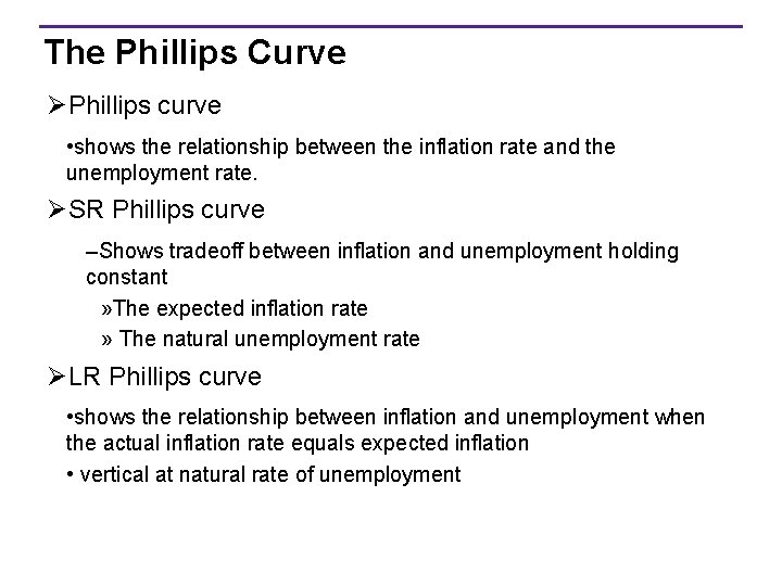 The Phillips Curve ØPhillips curve • shows the relationship between the inflation rate and