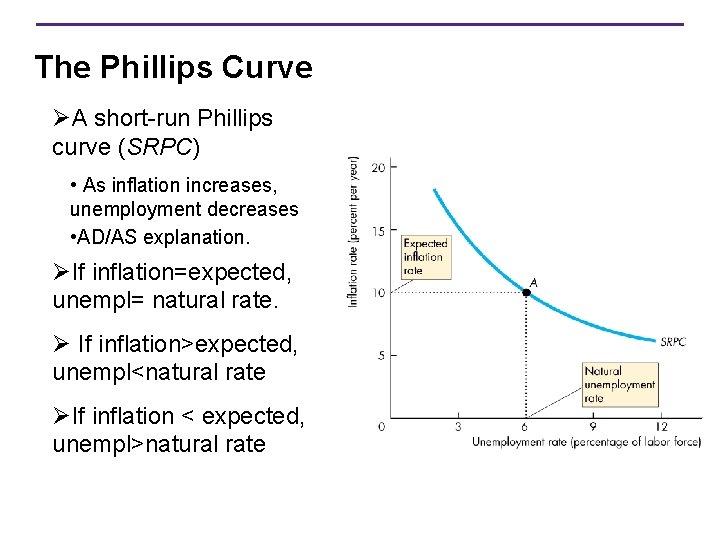 The Phillips Curve ØA short-run Phillips curve (SRPC) • As inflation increases, unemployment decreases