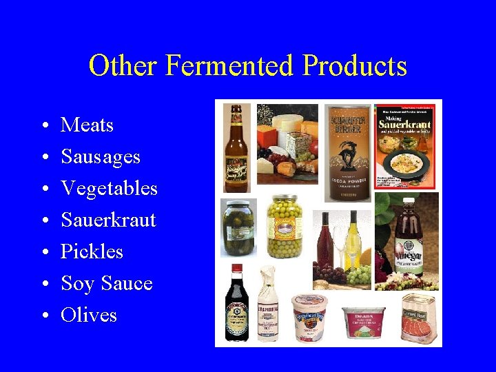 Other Fermented Products • • Meats Sausages Vegetables Sauerkraut Pickles Soy Sauce Olives 