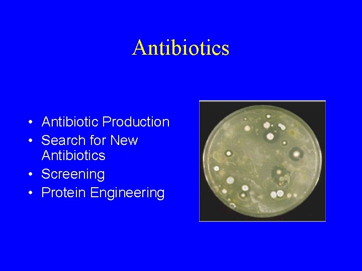 Antibiotics • Antibiotic Production • Search for New Antibiotics • Screening • Protein Engineering