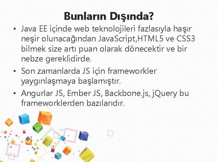 Bunların Dışında? • Java EE içinde web teknolojileri fazlasıyla haşır neşir olunacağından Java. Script,