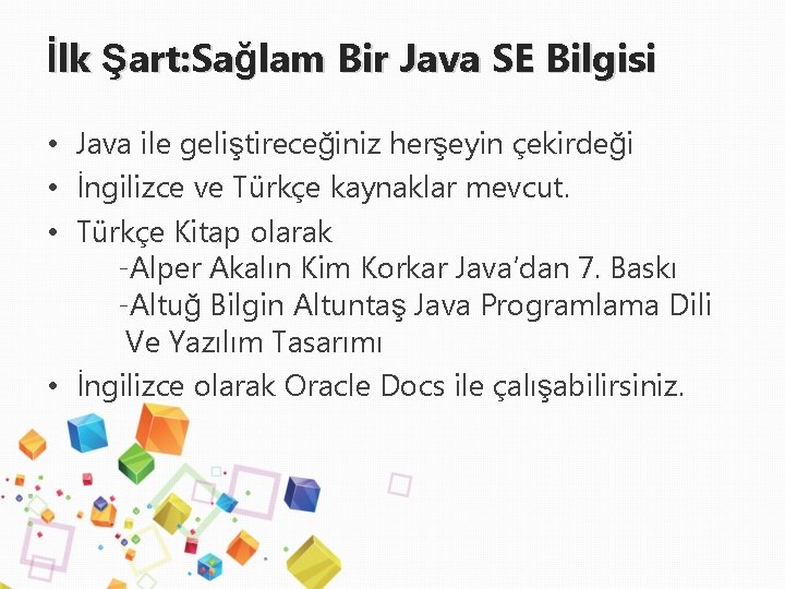 İlk Şart: Sağlam Bir Java SE Bilgisi • Java ile geliştireceğiniz herşeyin çekirdeği •