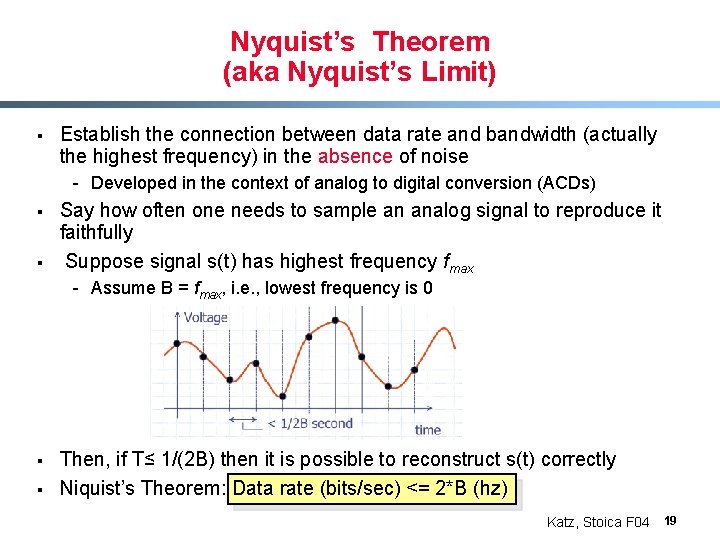 Nyquist’s Theorem (aka Nyquist’s Limit) § Establish the connection between data rate and bandwidth