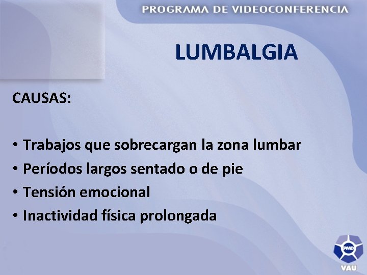 LUMBALGIA CAUSAS: • Trabajos que sobrecargan la zona lumbar • Períodos largos sentado o