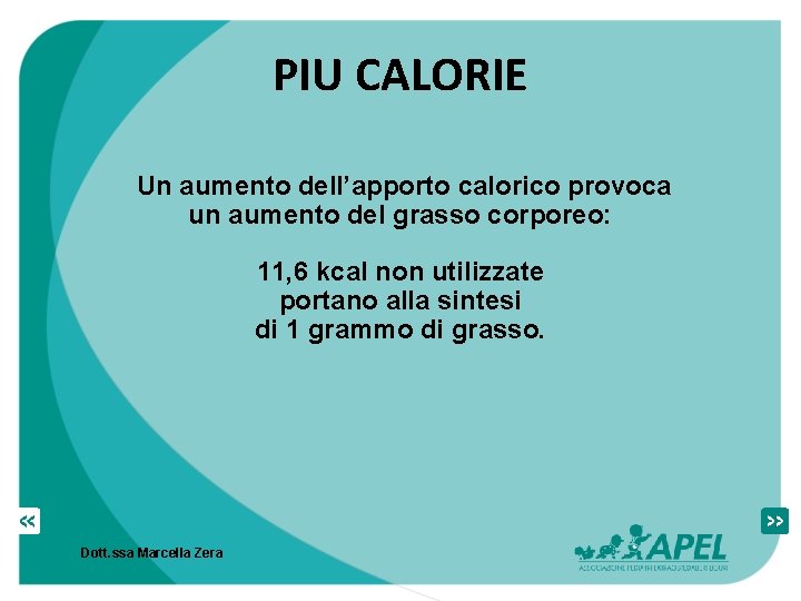 PIU CALORIE Un aumento dell’apporto calorico provoca un aumento del grasso corporeo: 11, 6