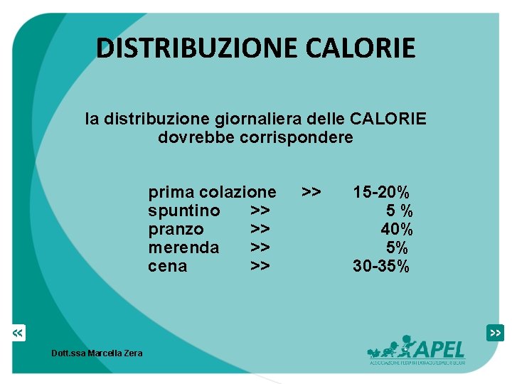 DISTRIBUZIONE CALORIE la distribuzione giornaliera delle CALORIE dovrebbe corrispondere prima colazione spuntino >> pranzo