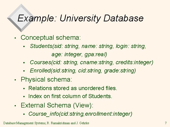 Example: University Database • Conceptual schema: § § § • Physical schema: § § Example: University Database • Conceptual schema: § § § • Physical schema: § §