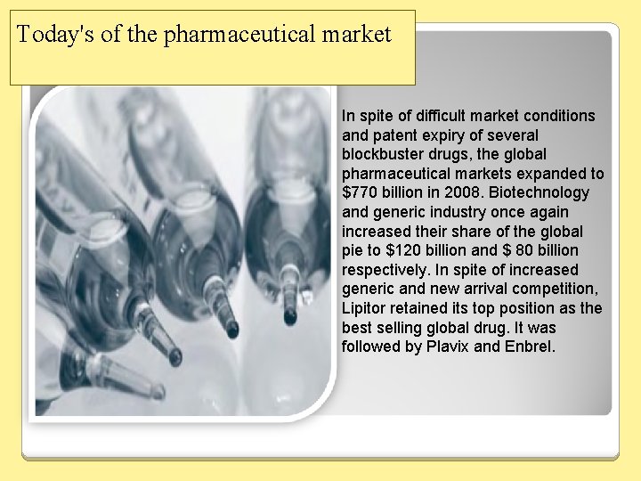 Today's of the pharmaceutical market In spite of difficult market conditions and patent expiry