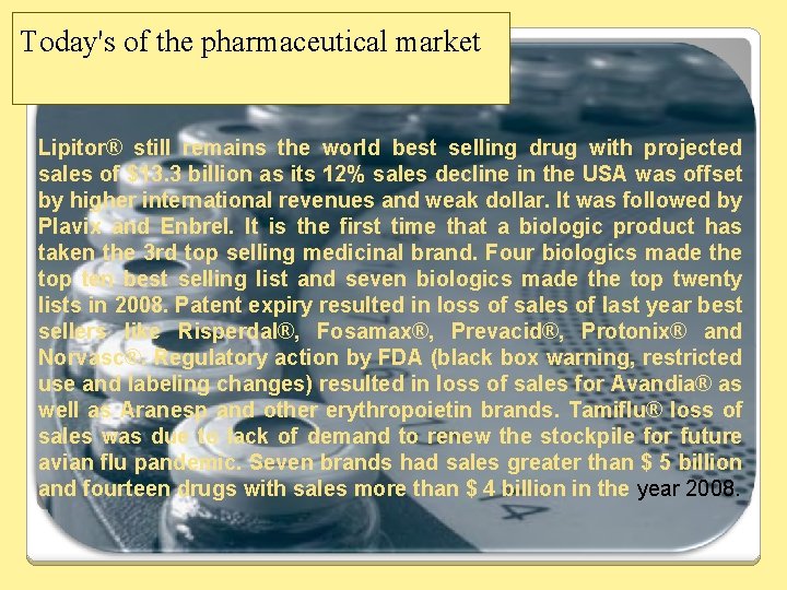 Today's of the pharmaceutical market Lipitor® still remains the world best selling drug with