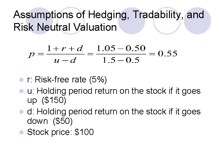 Assumptions of Hedging, Tradability, and Risk Neutral Valuation r: Risk-free rate (5%) l u: