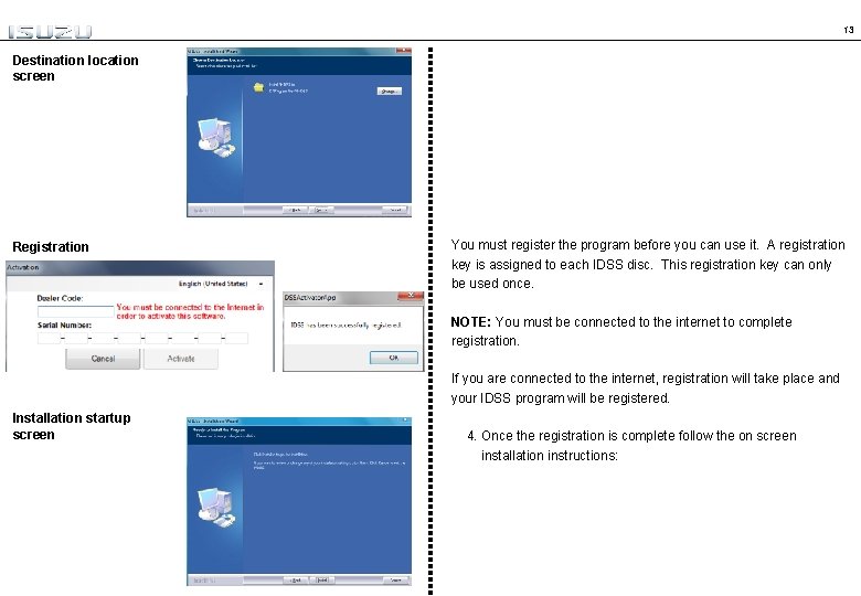 13 Destination location screen Registration You must register the program before you can use