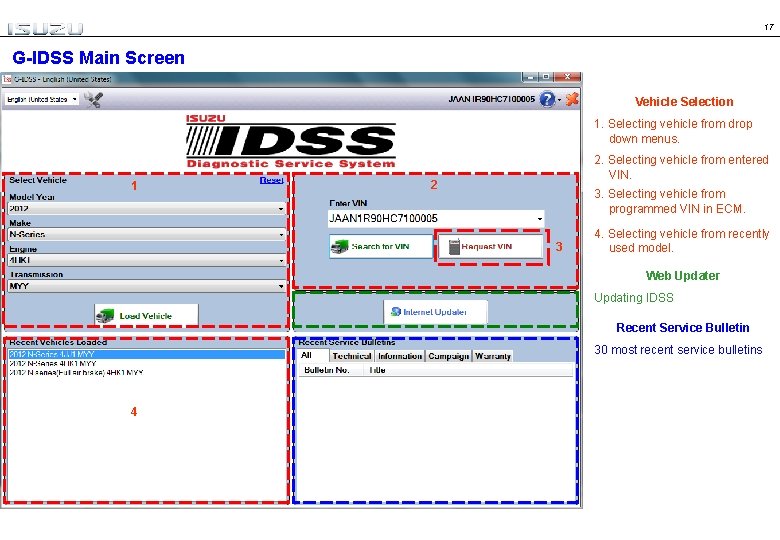 17 G-IDSS Main Screen Vehicle Selection 1. Selecting vehicle from drop down menus. 1