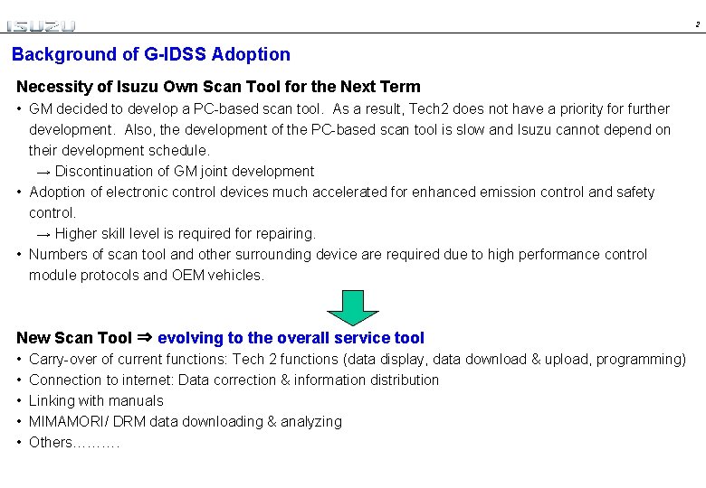 2 Background of G-IDSS Adoption Necessity of Isuzu Own Scan Tool for the Next