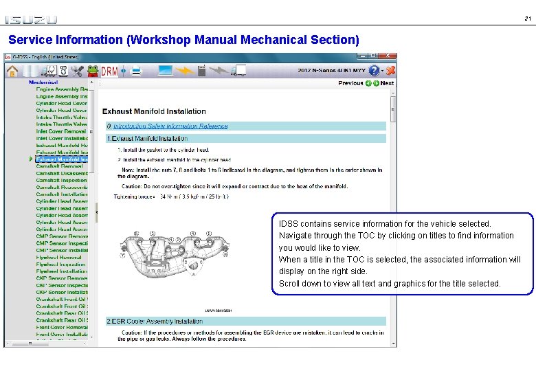21 Service Information (Workshop Manual Mechanical Section) IDSS contains service information for the vehicle