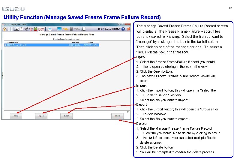 37 Utility Function (Manage Saved Freeze Frame Failure Record) The Manage Saved Freeze Frame